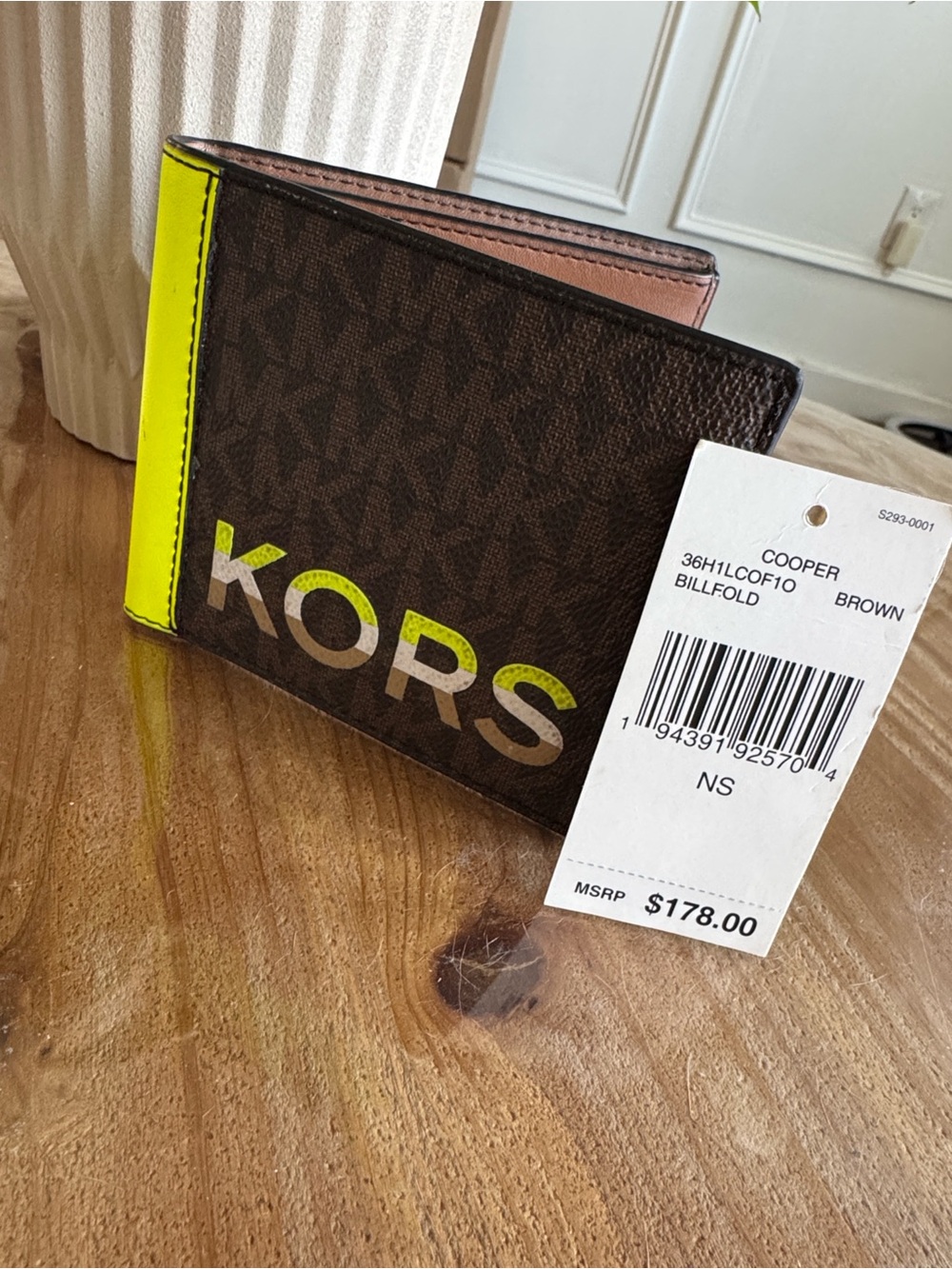 Michael Kors Brown Logo Bi-Fold Wallet with Neon Yellow Accent